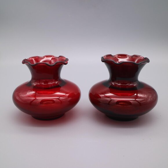 Vintage American Anchor Hocking Ruby Red Flared Ruffle Top 3" Vases Set of 4 - Picture 5 of 7